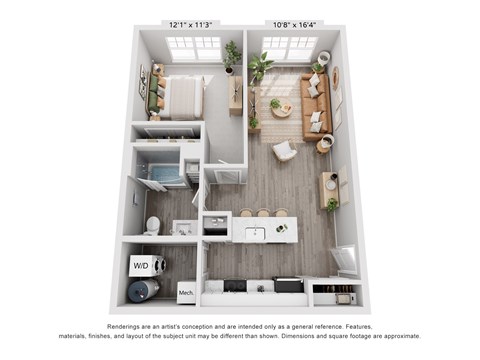 Floor plan for 1 bed, 1 bath, 693 sqft